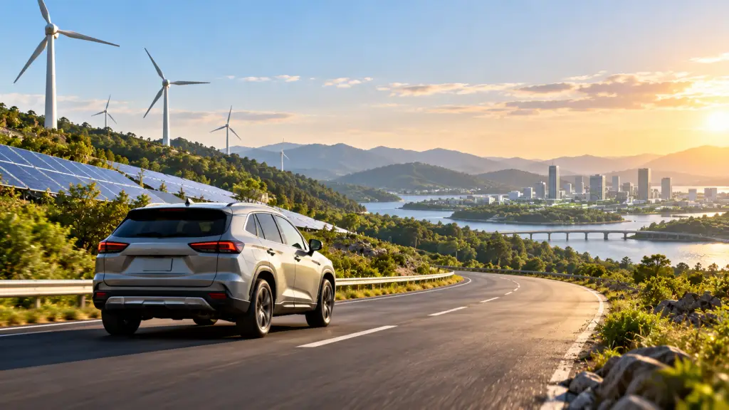 A silver unbranded SUV driving along a winding road through green hills with solar panels, wind turbines, mountains, and a distant city at sunset.