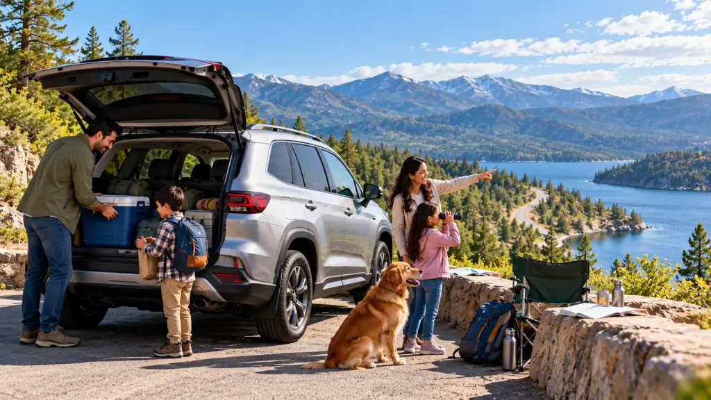 A family with two children and a golden dog beside a silver SUV with its rear hatch open, overlooking a mountain lake and winding road.