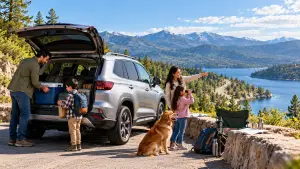 A family with two children and a golden dog beside a silver SUV with its rear hatch open, overlooking a mountain lake and winding road.