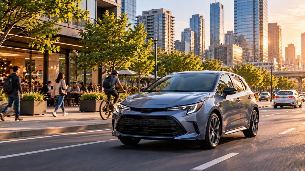 A metallic blue-gray compact hatchback driving along a tree-lined city street with modern buildings, pedestrians, a cyclist, and outdoor cafés in warm evening sunlight.
