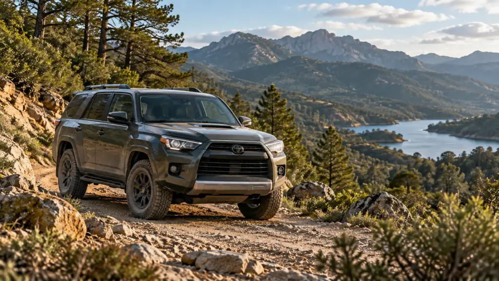 Toyota 4Runner SUV on a gravel trail surrounded by mountain scenery