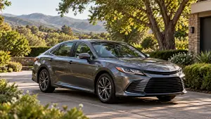 Well-maintained Toyota Camry sedan parked on a tree-lined driveway