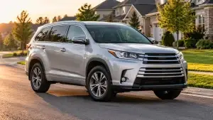 2018 Toyota Highlander in silver parked on a suburban street, front three-quarter view