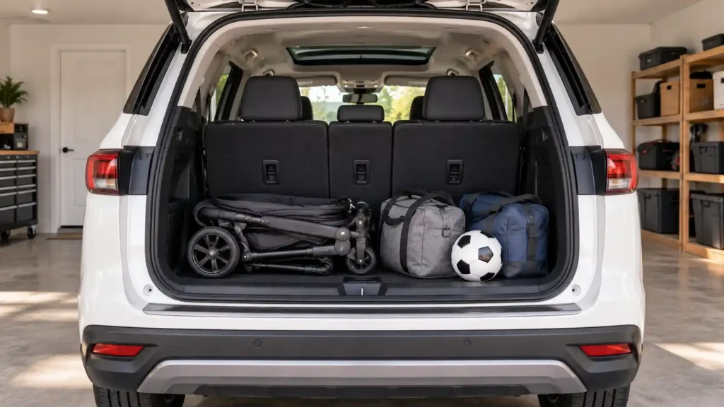 2026 Volkswagen Atlas cargo area behind the third row with a stroller and bags