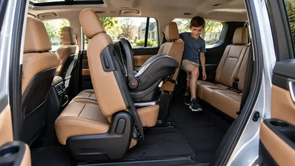 2027 Kia Telluride second row tilted forward for easy third row access