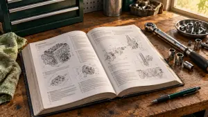 Open workshop manual next to hand tools