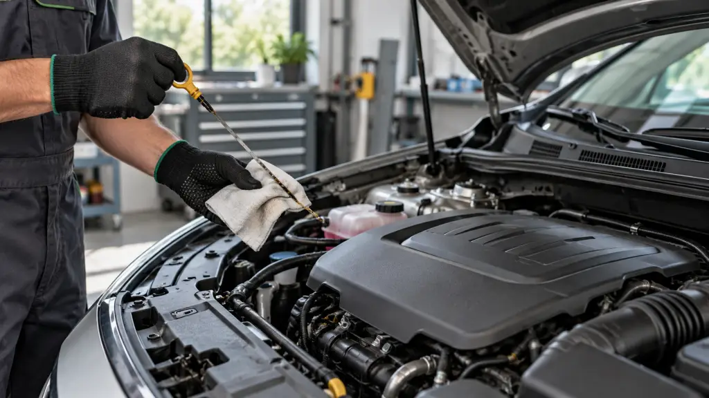 Hands checking the engine bay of a sedan
