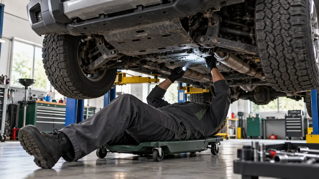 Person inspecting a pickup underbody with a flashlight