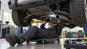 Person inspecting a pickup underbody with a flashlight