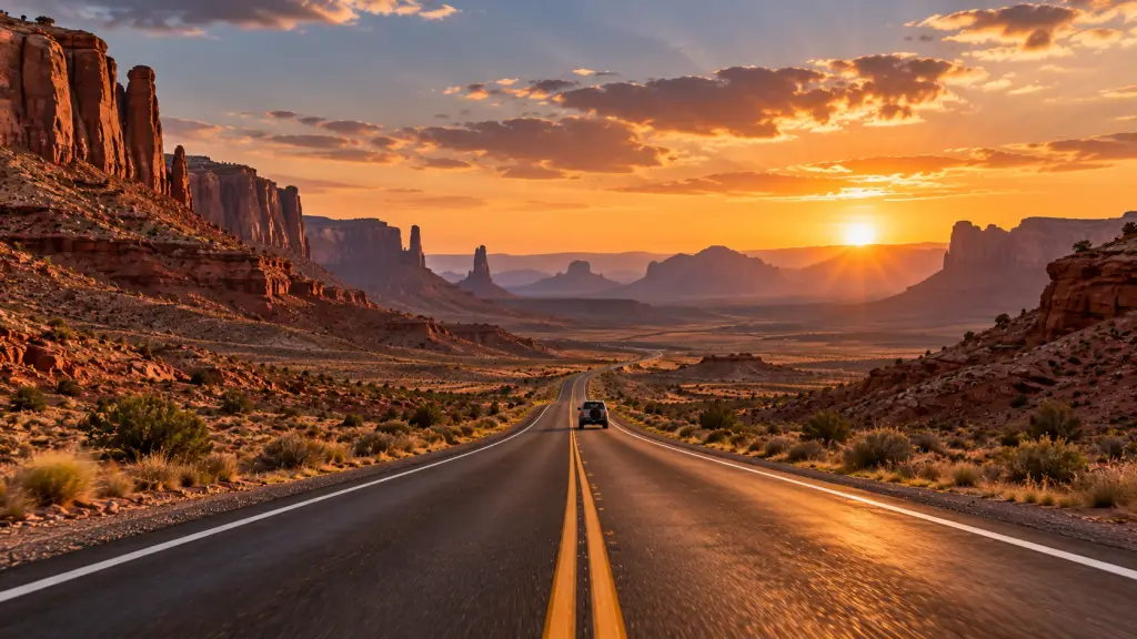 Empty desert road at sunset