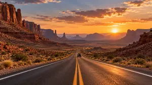 Empty desert road at sunset