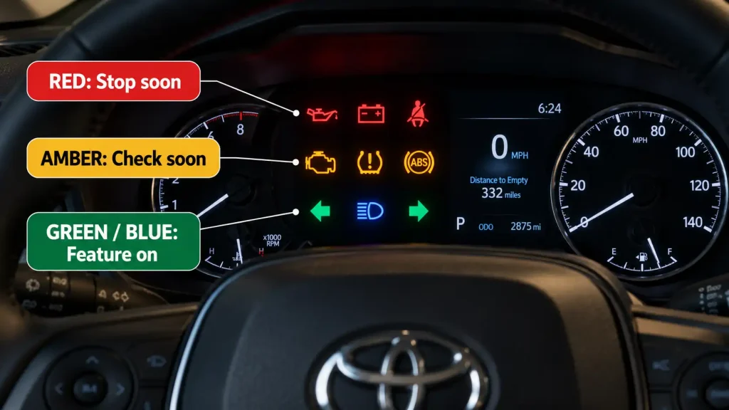 Red, amber, green and blue warning lights on a Toyota RAV4 dashboard with labels for each color