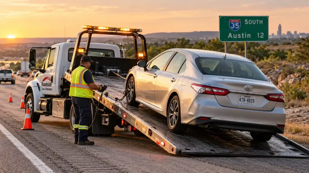 Flatbed tow truck loading a sedan on a Texas highway shoulder