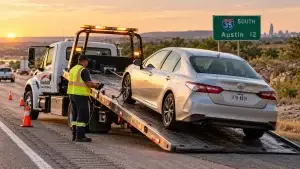 Flatbed tow truck loading a sedan on a Texas highway shoulder