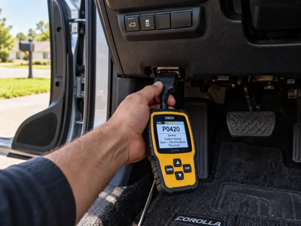 OBD-II scanner plugged into the port under a Toyota Corolla dashboard showing code P0420