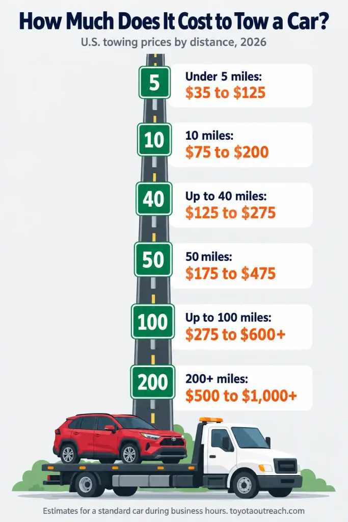 Chart of towing costs in the U.S. from under 5 miles to over 200 miles