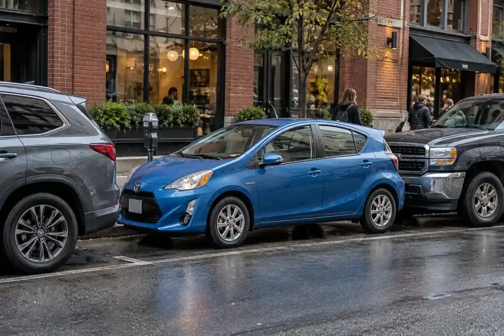 Small Toyota Prius c parallel parked on a busy city street