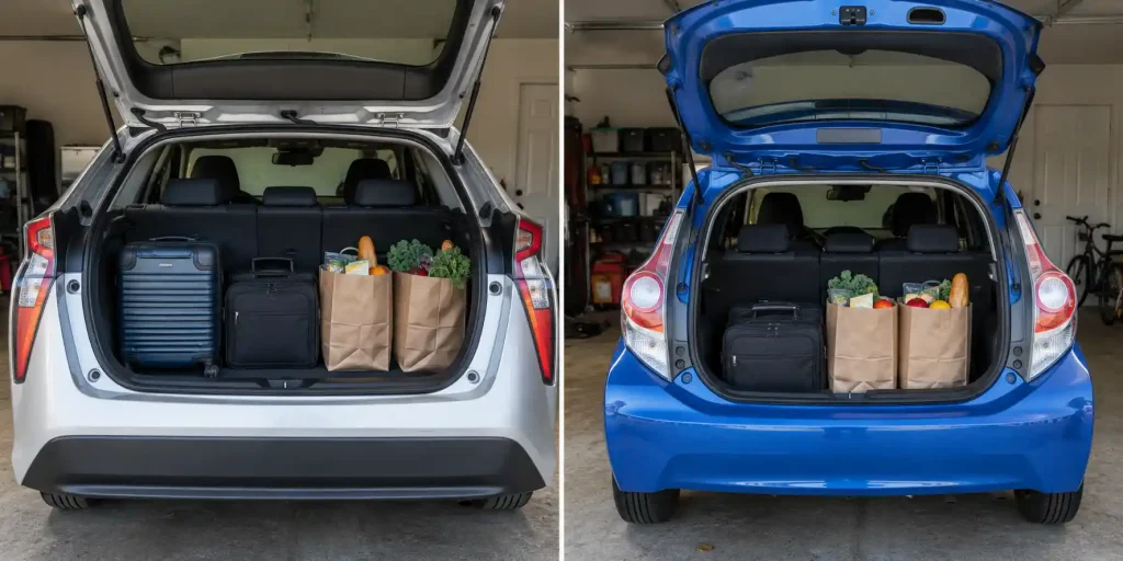 Cargo space in a Toyota Prius compared with a Prius c with rear seats up