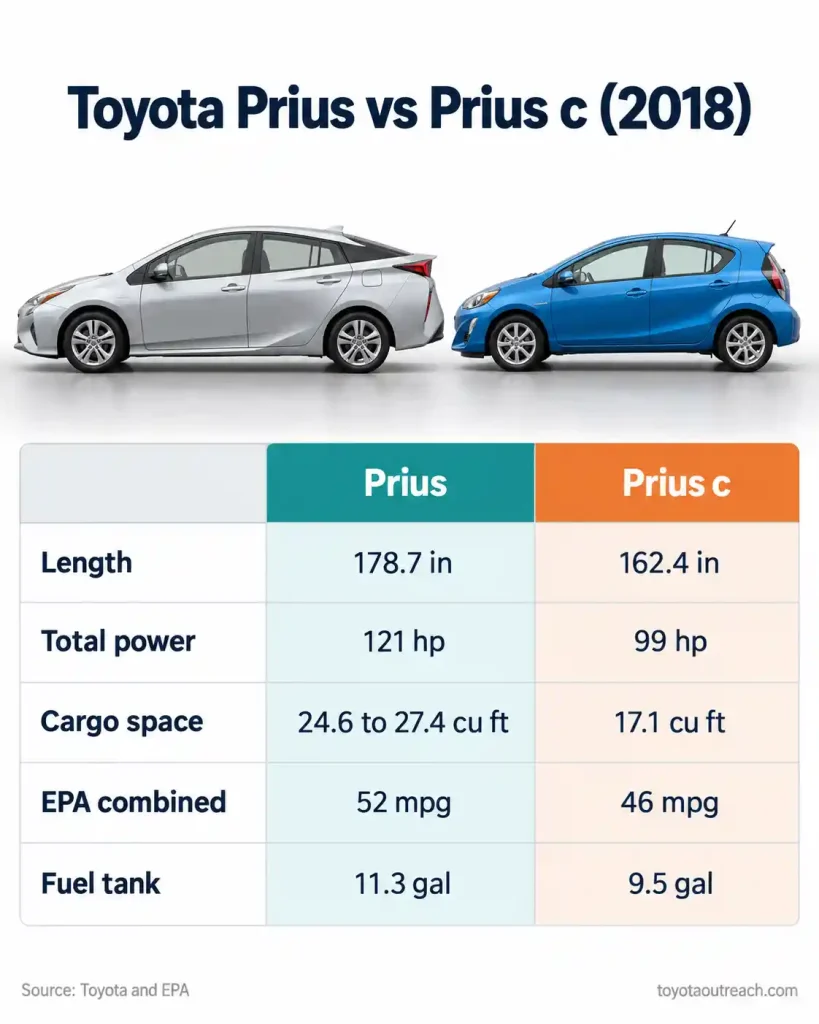 Chart comparing 2018 Toyota Prius and Prius c length, power, cargo space and mpg
