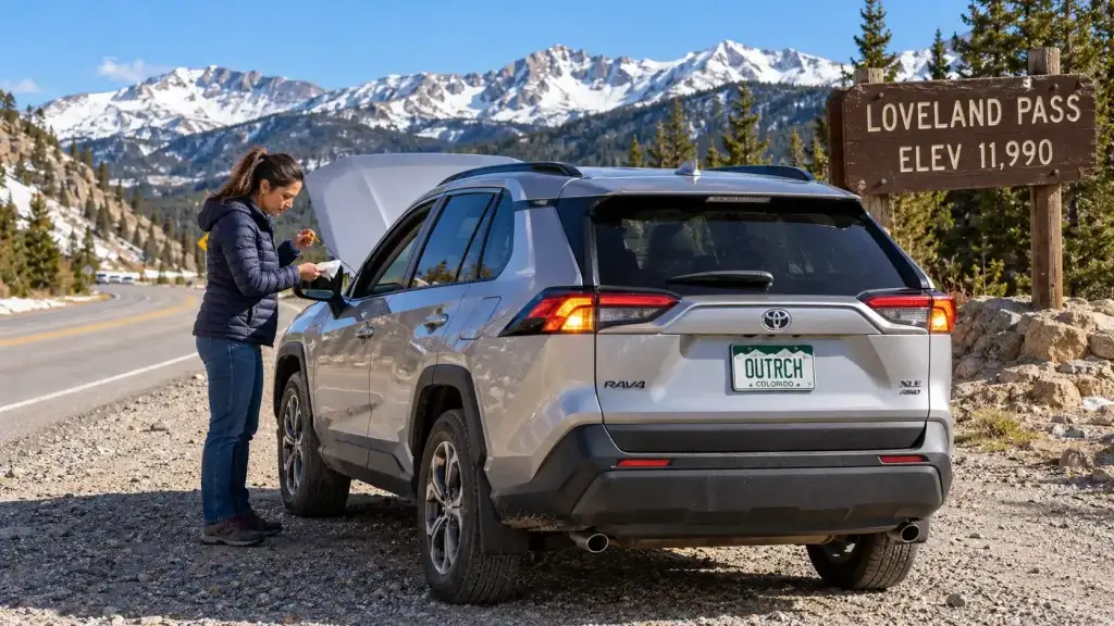 Driver checking the oil on a Toyota RAV4 pulled over at Loveland Pass after a red warning light