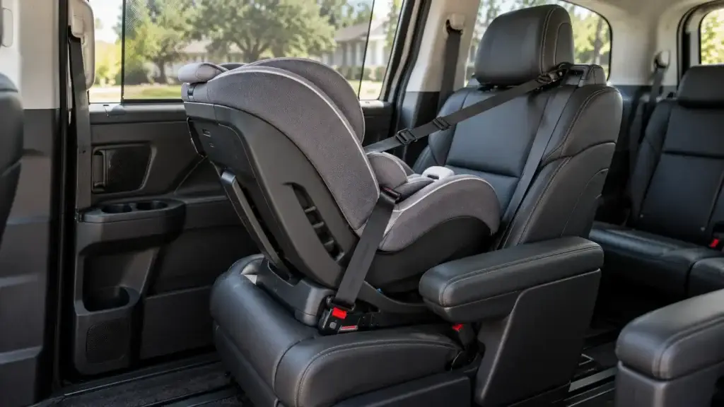 Rear-facing child car seat installed in a minivan captain's chair