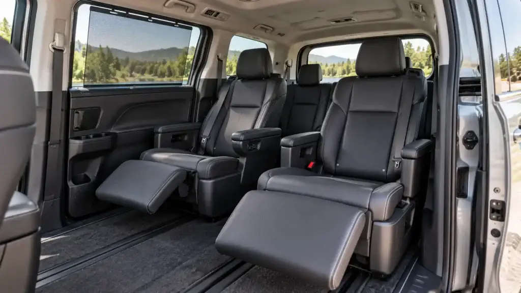 Second-row captain's chairs slid back with ottomans raised
