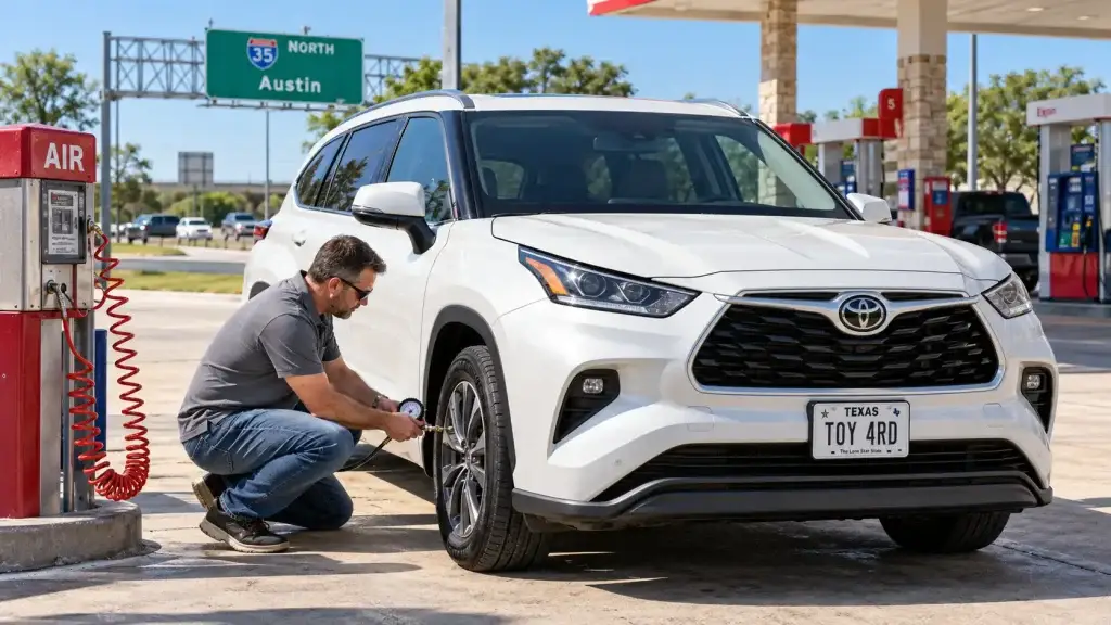 Driver checking tire pressure on a Toyota Highlander after the TPMS warning light came on