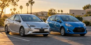 Toyota Prius and Prius c hybrid hatchbacks parked side by side