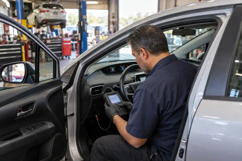 Mechanic using a scan tool to check the hybrid system of a used Toyota Prius