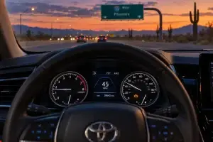 check engine light on a Toyota Camry dashboard while driving on I-10 at dusk